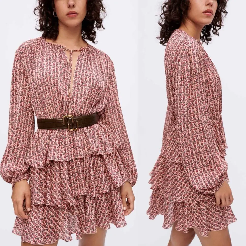 NWOT Maje Flounced Floral Printed Flowing Mini Dress Tiered Skirt Pink Size XS
